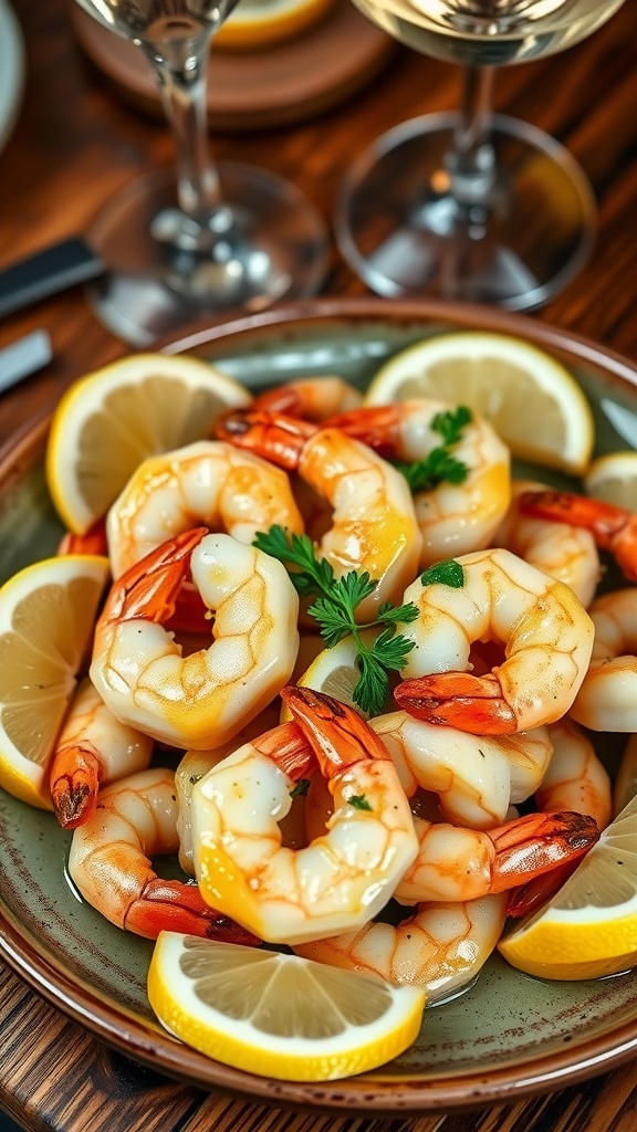 Garlic butter shrimp with parsley and lemon wedges on a rustic plate.